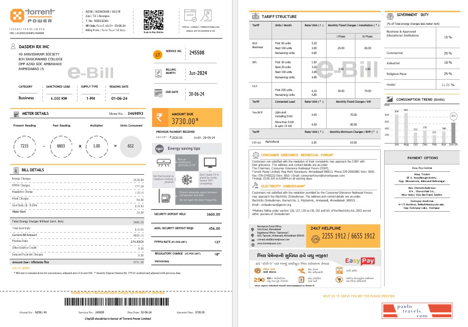 INDIA TORRENT POWER business utility bill Word and PDF template PSD template